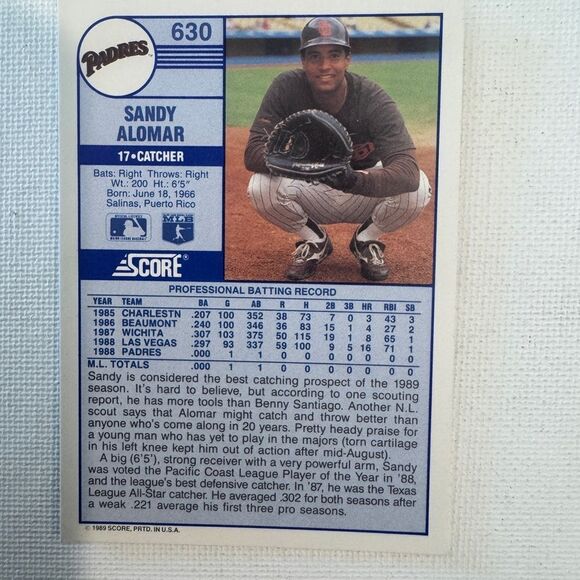 1989 score sandy alomar #630 rookie mint condition - Picture 2 of 2